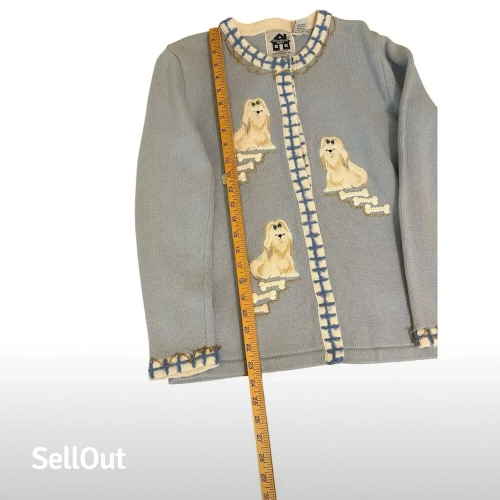 Vintage Storybook Knits Dog Cardigan Sweater Blue Women's XS Long Sleeve - Picture 4 of 5